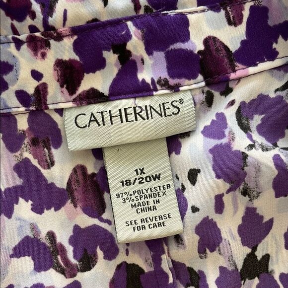 Catherines Purple and Blue Abstract Blouse 3/4 bottoms pockets silky 1X 18/20W - Picture 7 of 7